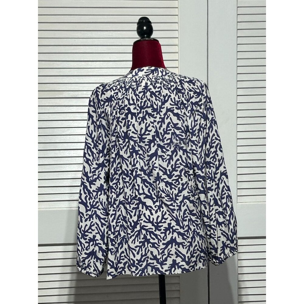 Lilly Pulitzer Women's White Navy Blue Silk Coral Elsa Blouse Top Size L 3083 - Picture 6 of 12